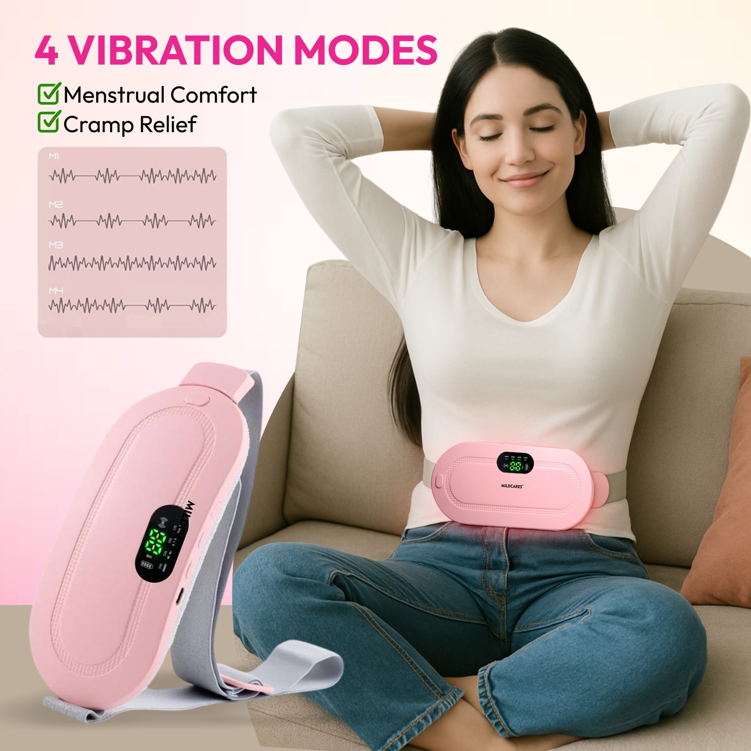 Mildcares Period Pain Relief Massager With Heating Pad | Cordless Menstrual Cramp Belt
